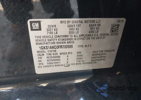 2015 GMC Yukon Sle from USA, damaged, VIN 1GKS1AKC0FR702685